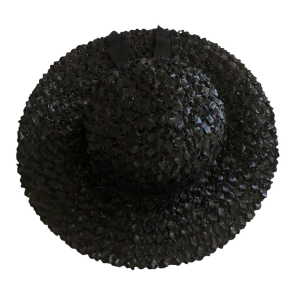 Vintage Black Straw Wide Brim Hat Ribbon Trim Boho Chic Sun Hat With Box - Picture 8 of 13
